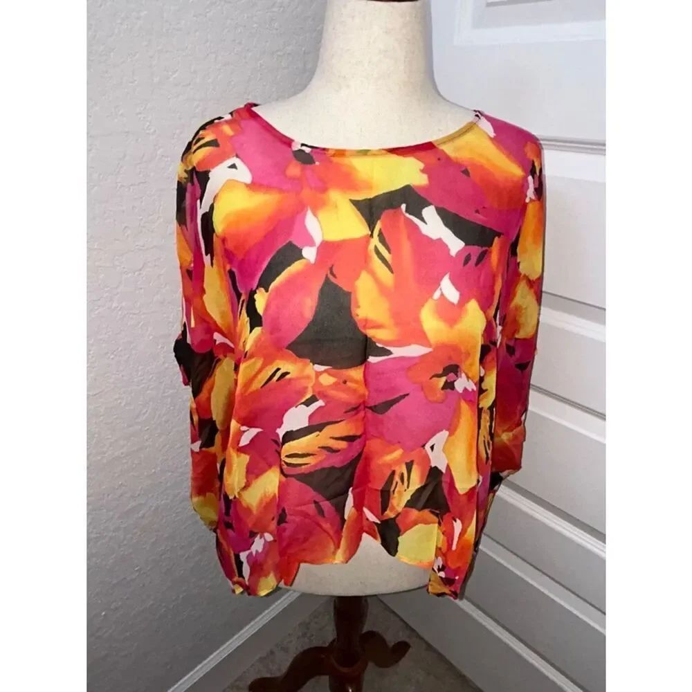 Chico’s Floral Print Passiflore Virgo Silk Poncho Sheer Blouse Top Chicos